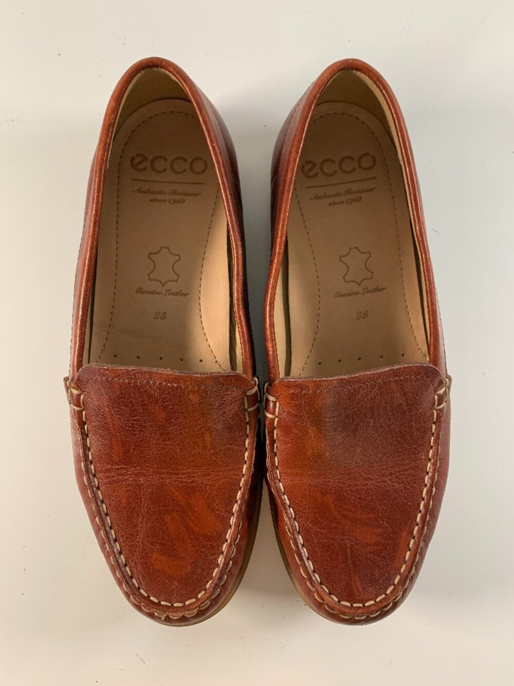 ECCO Women size 38 (7.5) Cognac Leather Slip On Flat Loafers Comfort